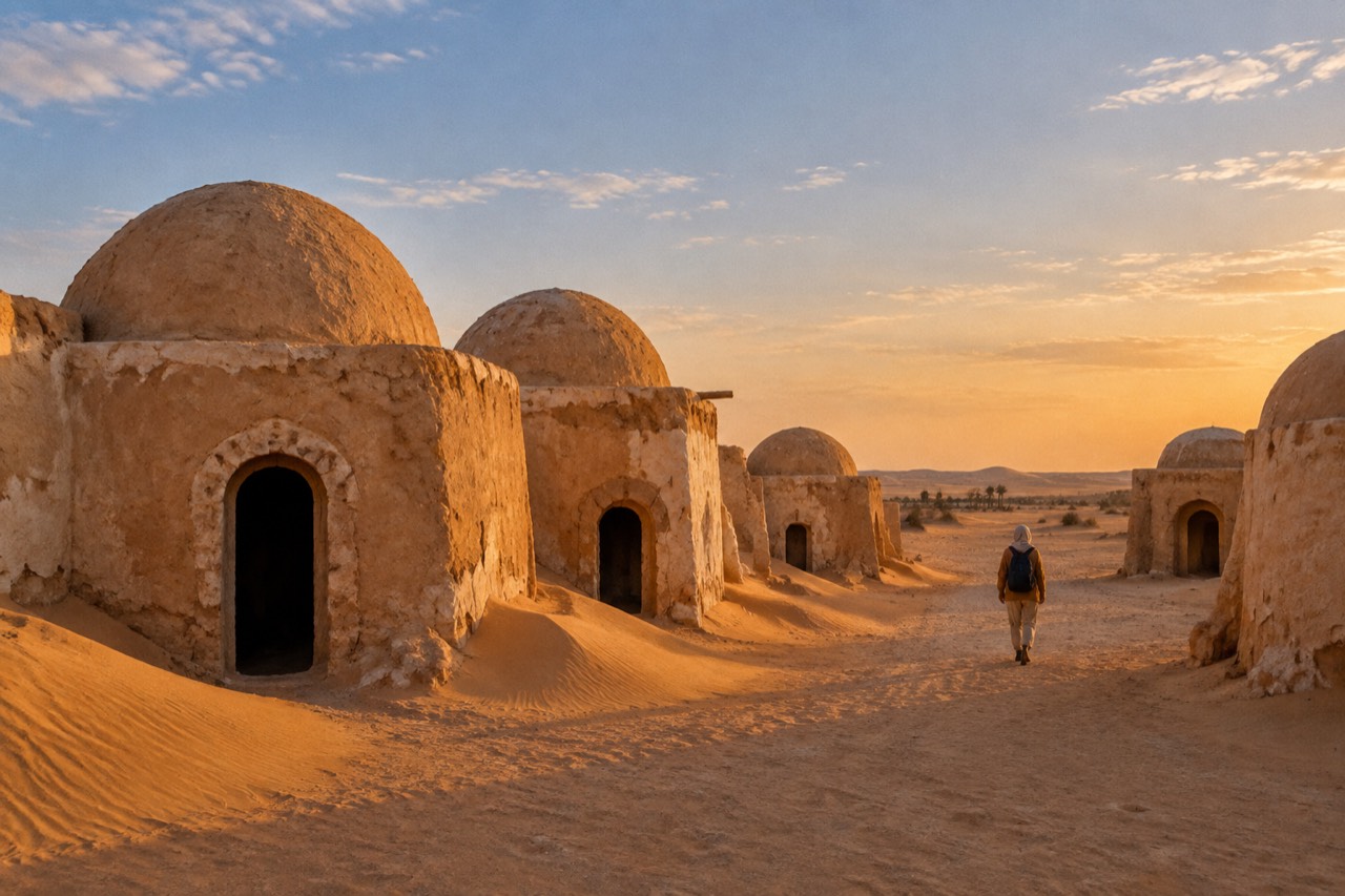 Weathered adobe dome buildings in the Sahara with drifting dunes, golden afternoon light