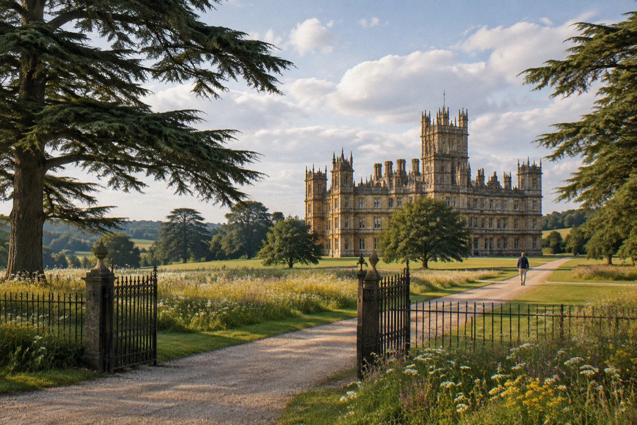 Honey-grey Victorian castle with towers above lawns and wildflower meadows in late-afternoon sun.
