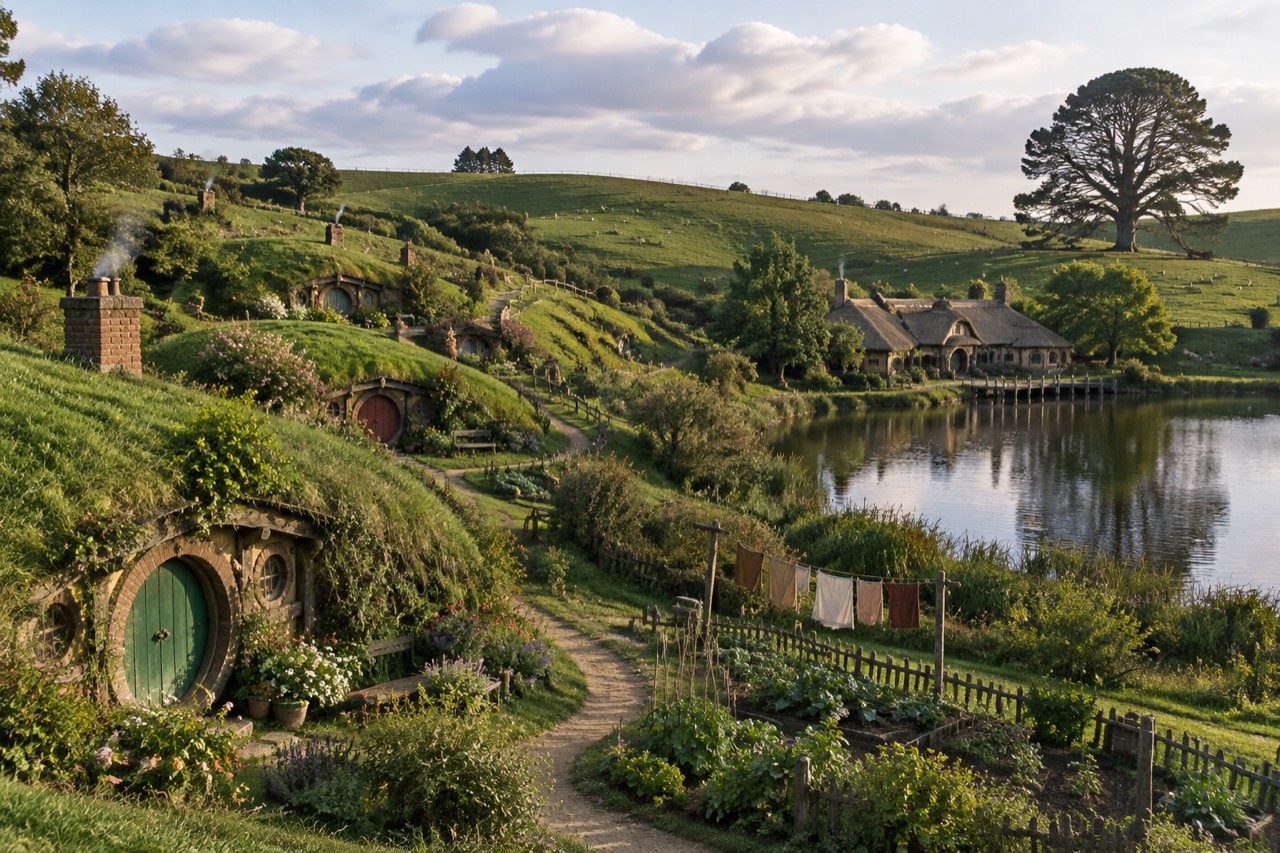 Round-doored cottages cut into green hills beside a thatched inn and pond, sheep grazing.