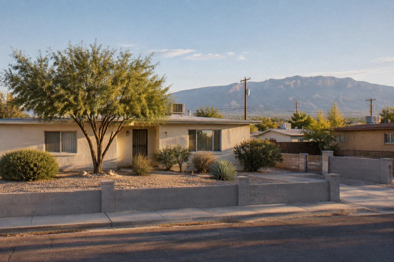 Single-story stucco ranch house behind a fence on a sunny desert suburban street.