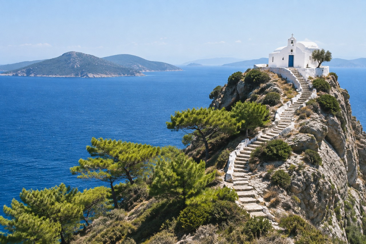 Whitewashed chapel on rocky headland above blue Aegean sea, stone steps climbing the cliff