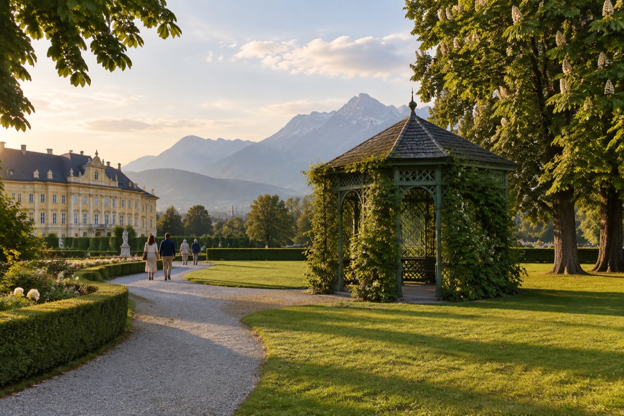 Vine-covered green gazebo on a lawn in a baroque park with distant hazy mountains.