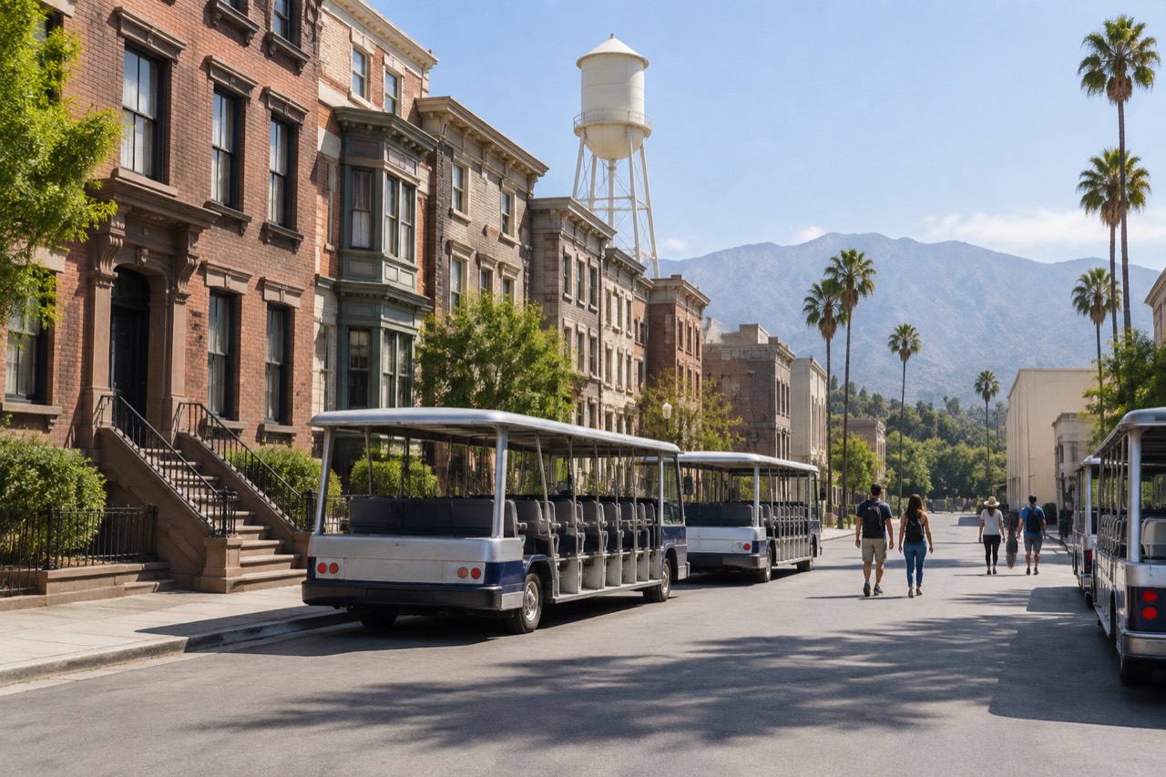 Sunny studio backlot street with brick storefronts, water tower, and tour trams