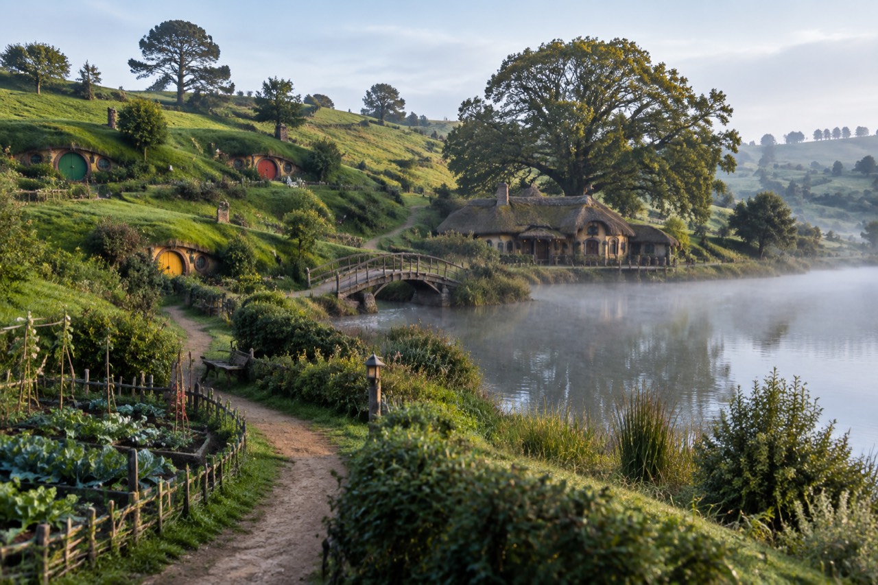 Round-doored cottages built into green hills beside a lake and thatched inn, New Zealand farmland.