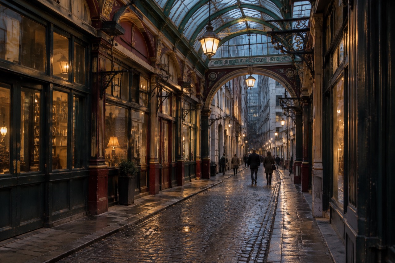 Ornate Victorian covered market arcade with green and gold ironwork, cobbled floor, hanging lanterns, dusk.