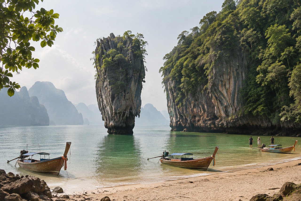 Limestone needle rock rising from emerald bay beside towering cliff, longtail boats on beach