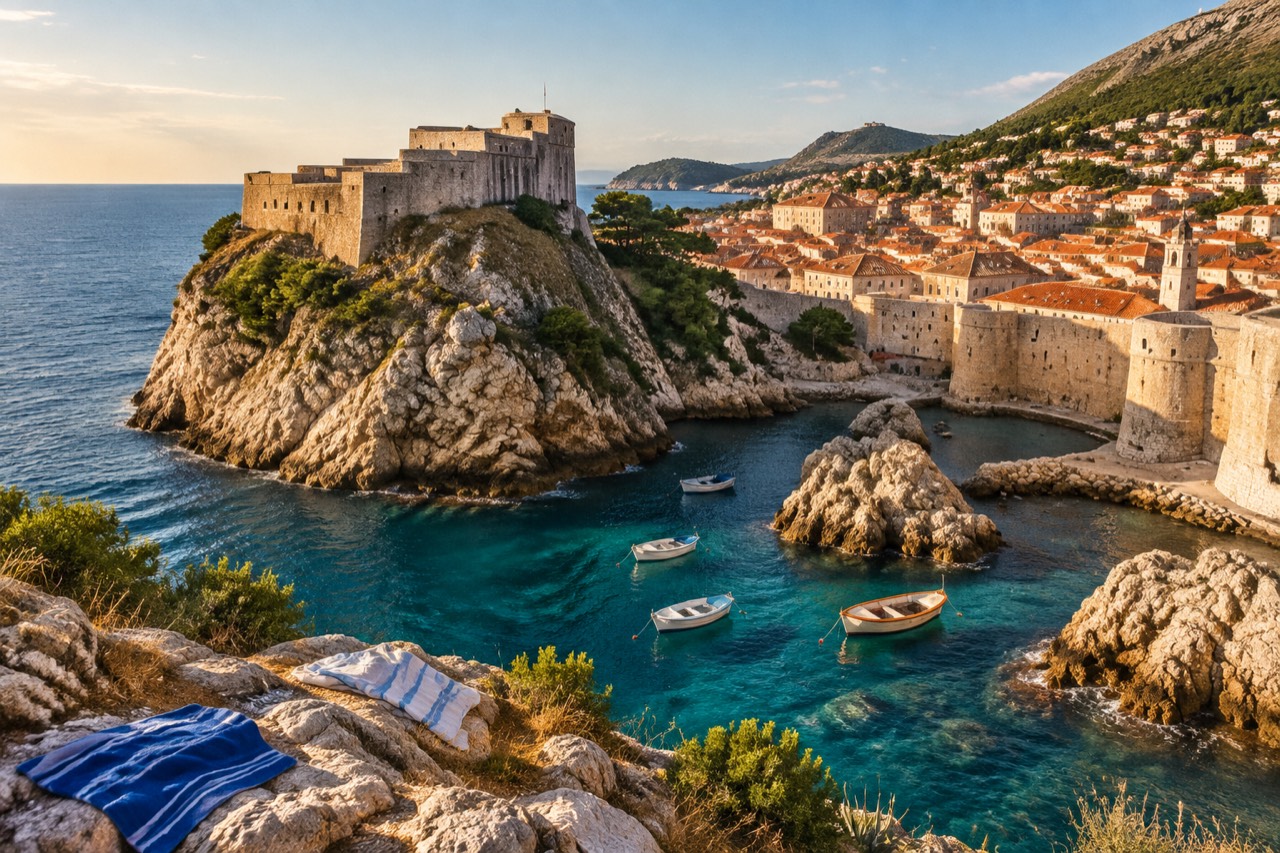 Fort Lovrijenac above a rocky harbour at golden hour, Dubrovnik rooftops behind