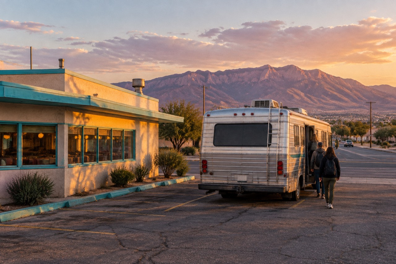 Silver tour RV at the curb of a stucco desert diner, mountains beyond.