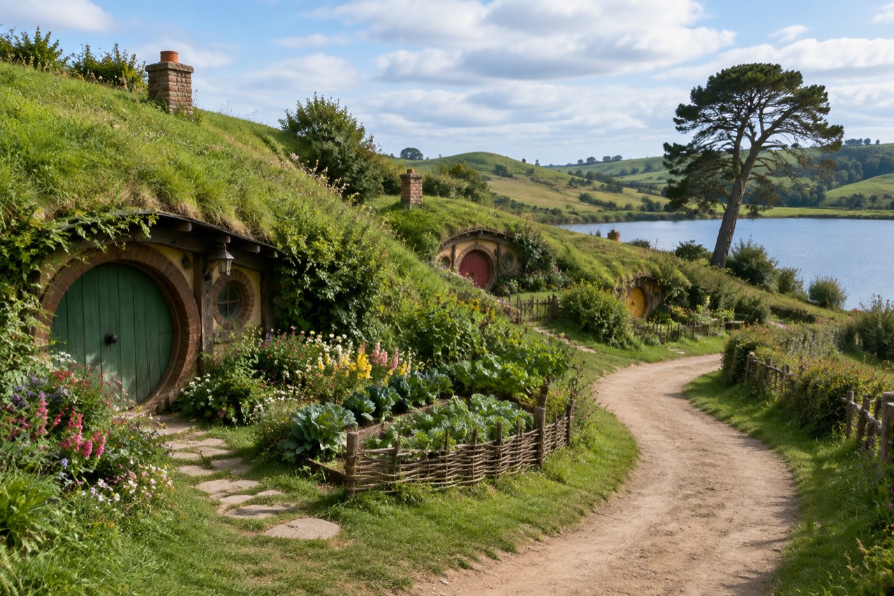 Grass-roofed cottages with round doors on a green hillside lane beside a lake