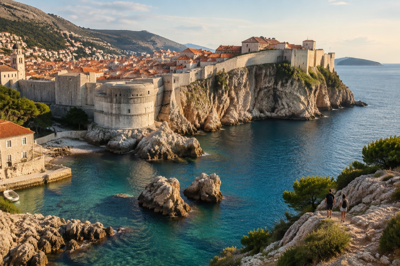 Stone fortress above a turquoise harbour at golden hour, Dubrovnik old town rooftops behind.