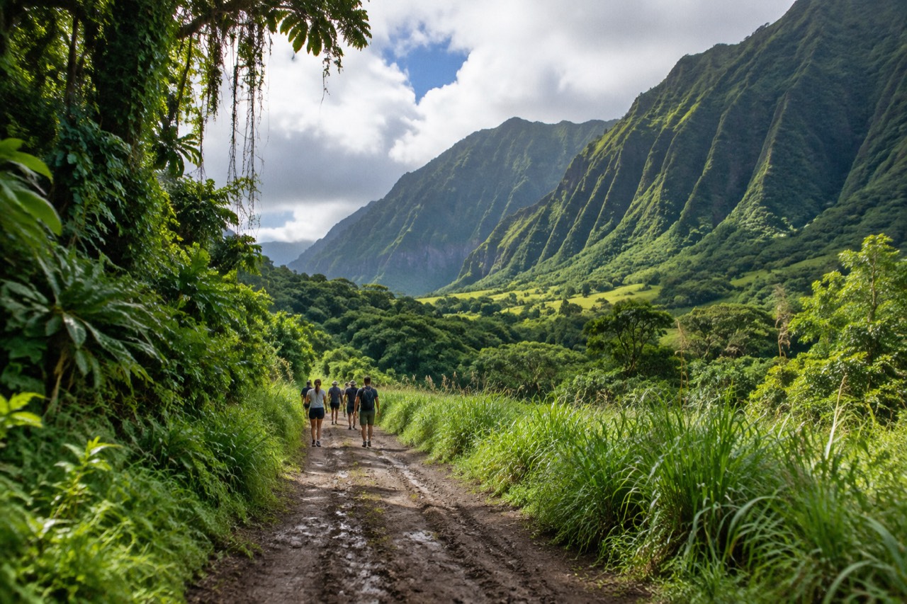 Dirt road through lush green Hawaiian valley beneath steep forested mountain ridges