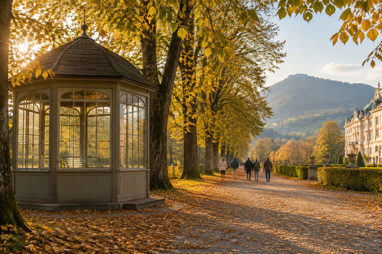Glass-walled wooden pavilion on a gravel path among autumn trees at a Baroque palace park.