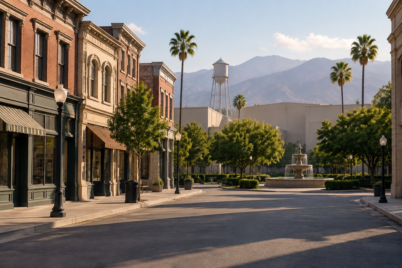 Backlot street with painted storefronts, fountain, soundstage buildings and palm trees under warm sky.