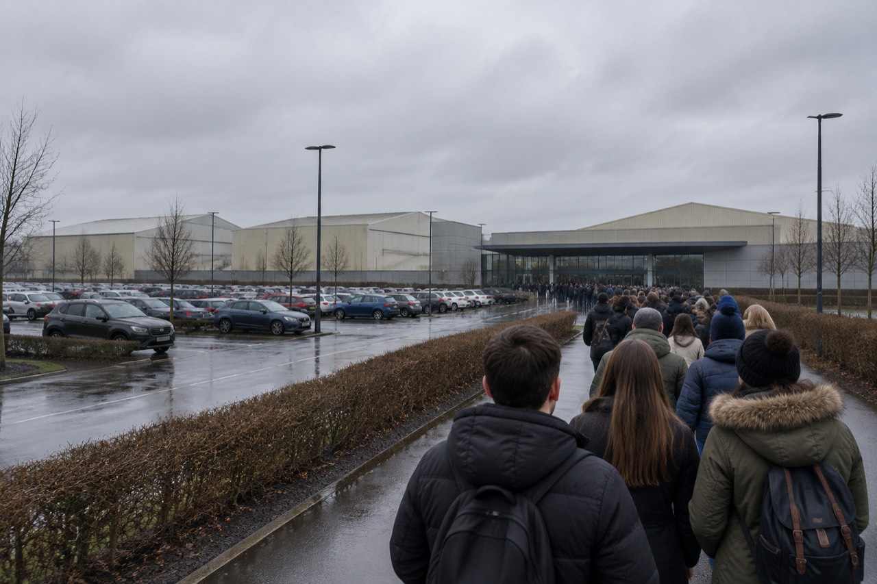 Visitors queue outside vast grey studio hangars on a wet overcast Watford morning.