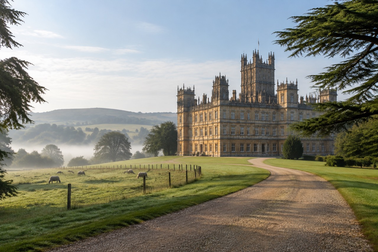 Highclere Castle's stone facade and turrets above lawns and parkland under a pale sky