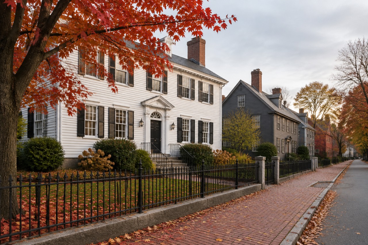 White colonial mansion with autumn maple and iron fence on a Salem street