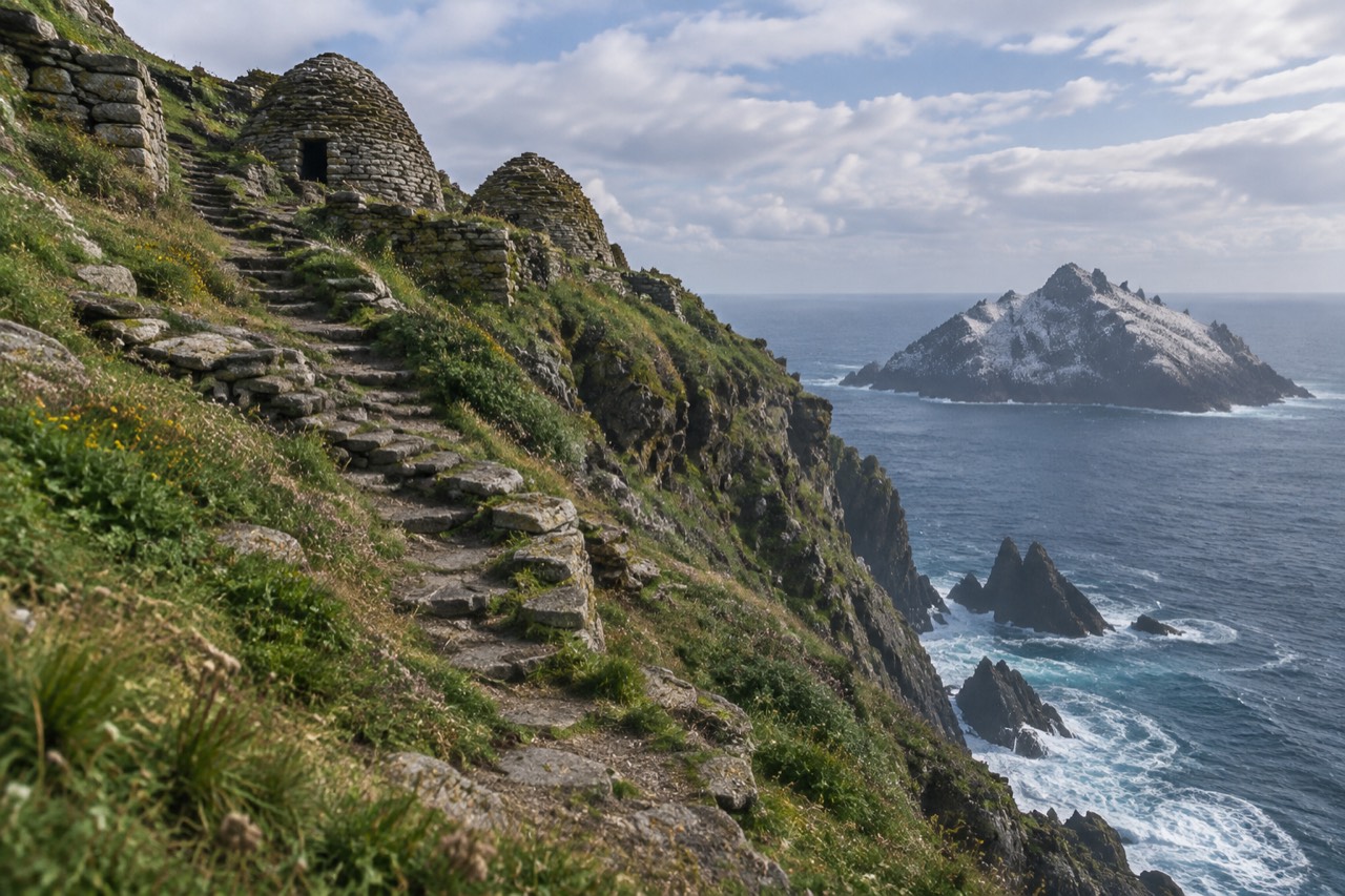 Stone steps winding up Skellig Michael to beehive huts, gannet-covered island beyond
