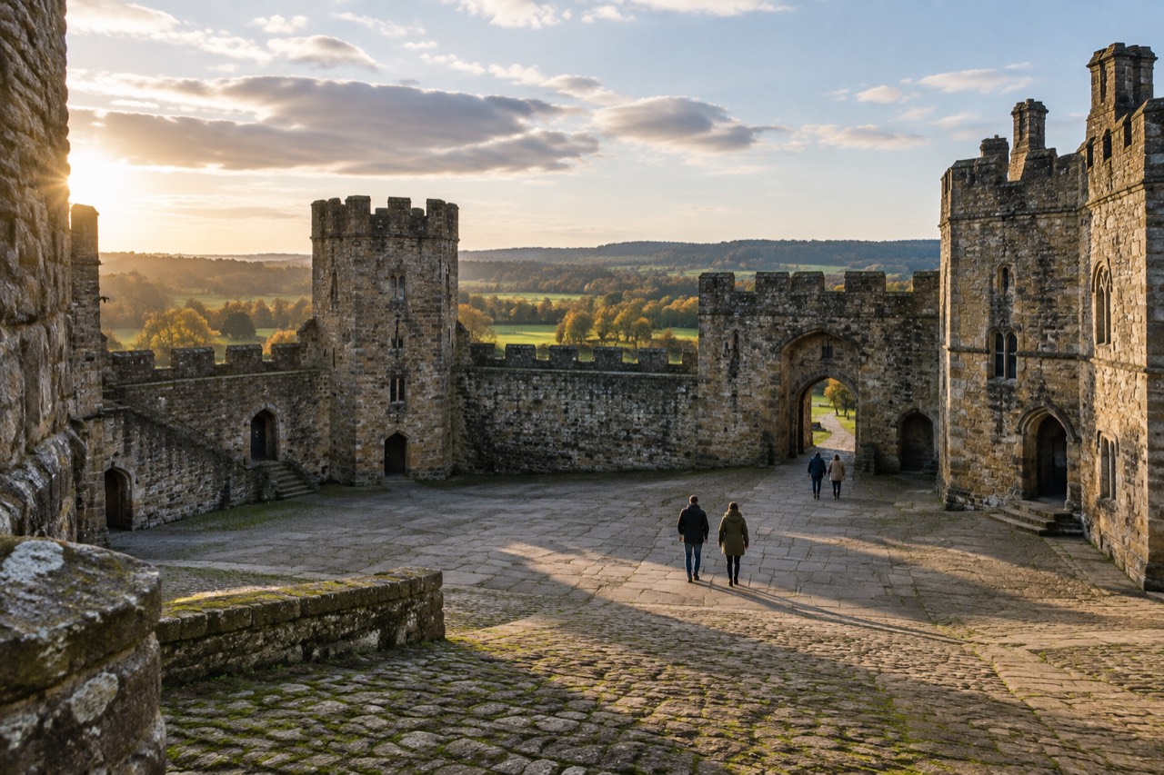 Sunlit medieval castle courtyard with grey stone walls and distant visitors