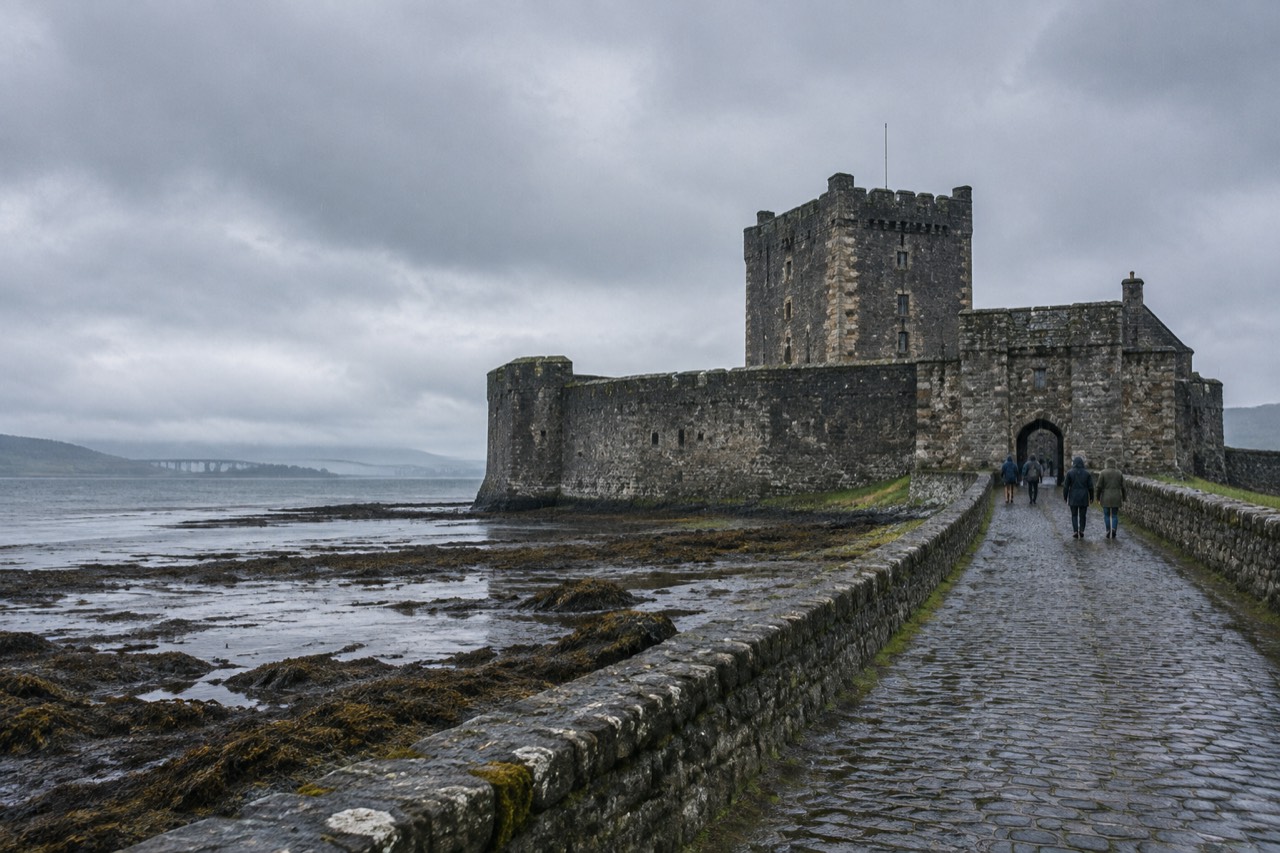 Grey stone castle ramparts on a Scottish firth shore under overcast skies