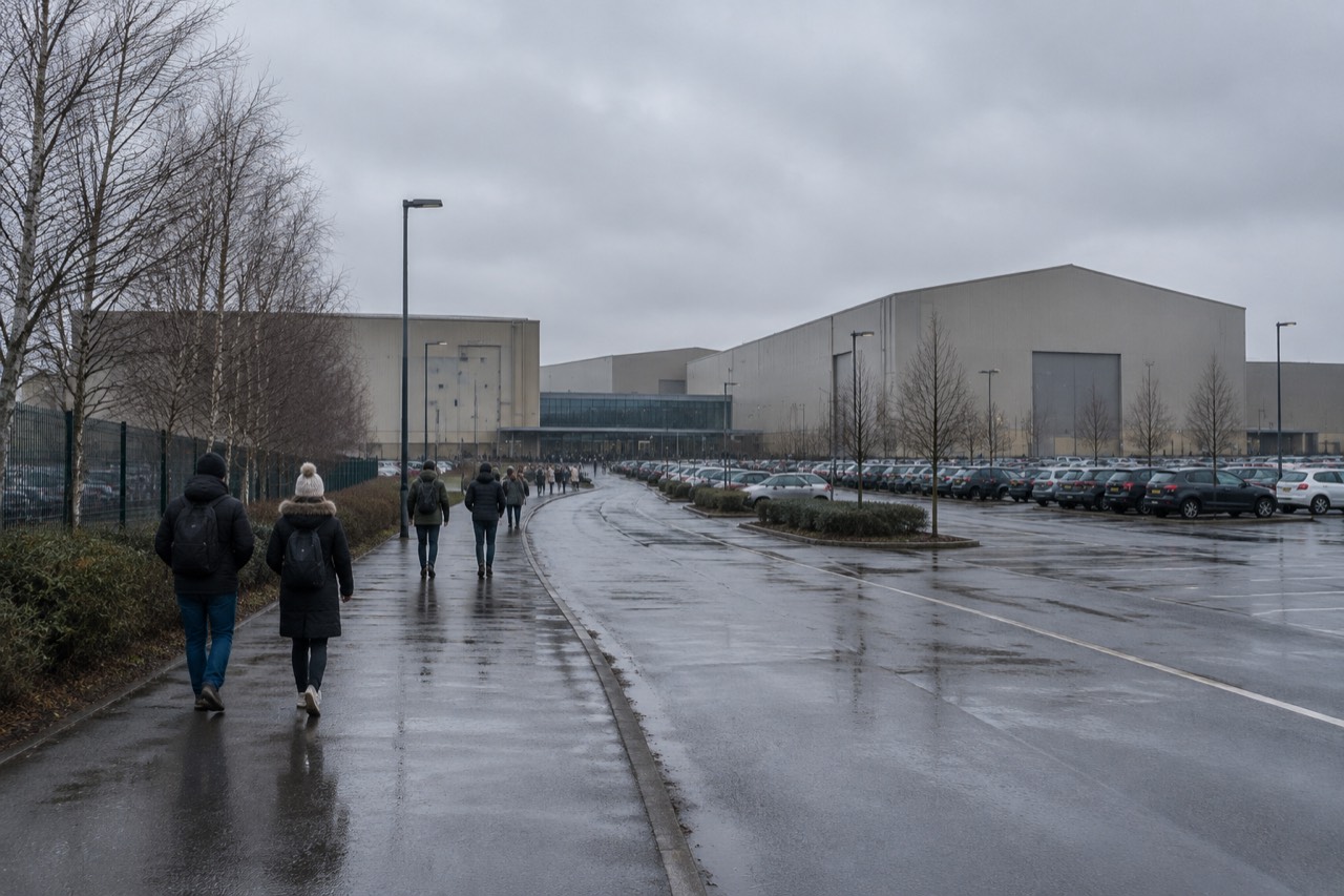 Vast plain studio hangars and wet car park under grey skies near Watford, England.