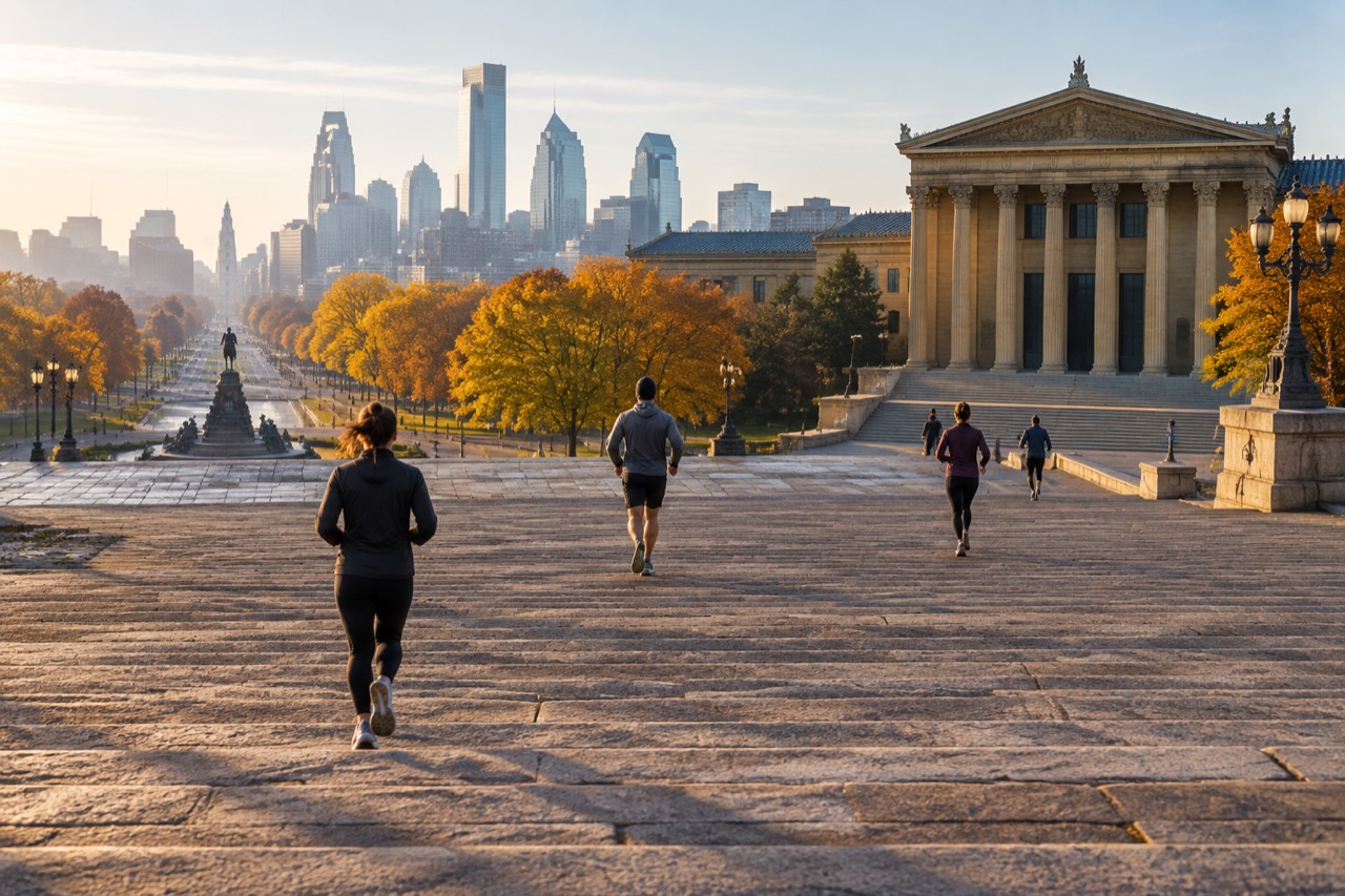 Wide stone steps leading up to a grand museum above a parkway at sunrise.