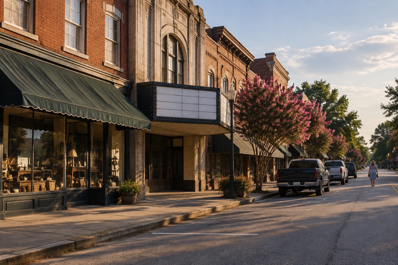 Historic brick storefronts on a quiet Georgia main street at golden hour.