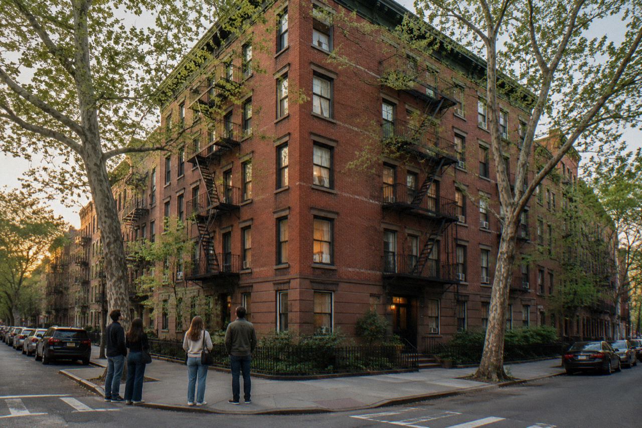 Red-brick Greenwich Village corner building with fire escapes under spring trees