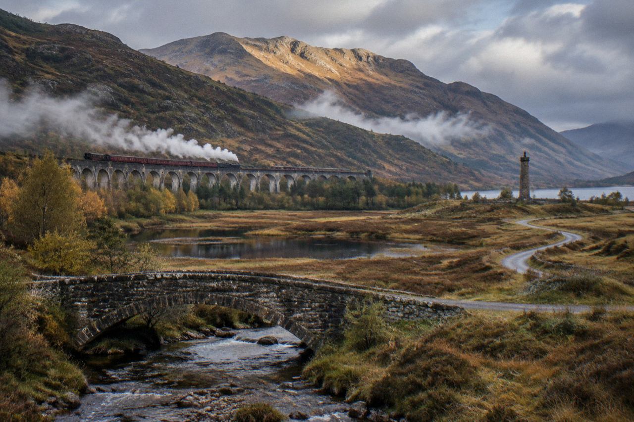 Stone bridge over a stream beneath misty mountains in a Scottish glen