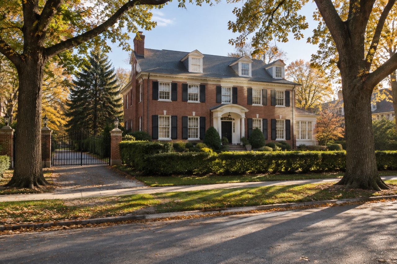 Red brick Georgian house with white trim behind a hedge on a leafy suburban street