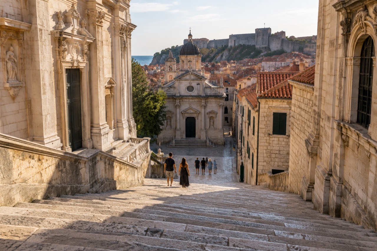 Sunlit limestone baroque staircase in Dubrovnik old town with distant visitors and terracotta rooftops