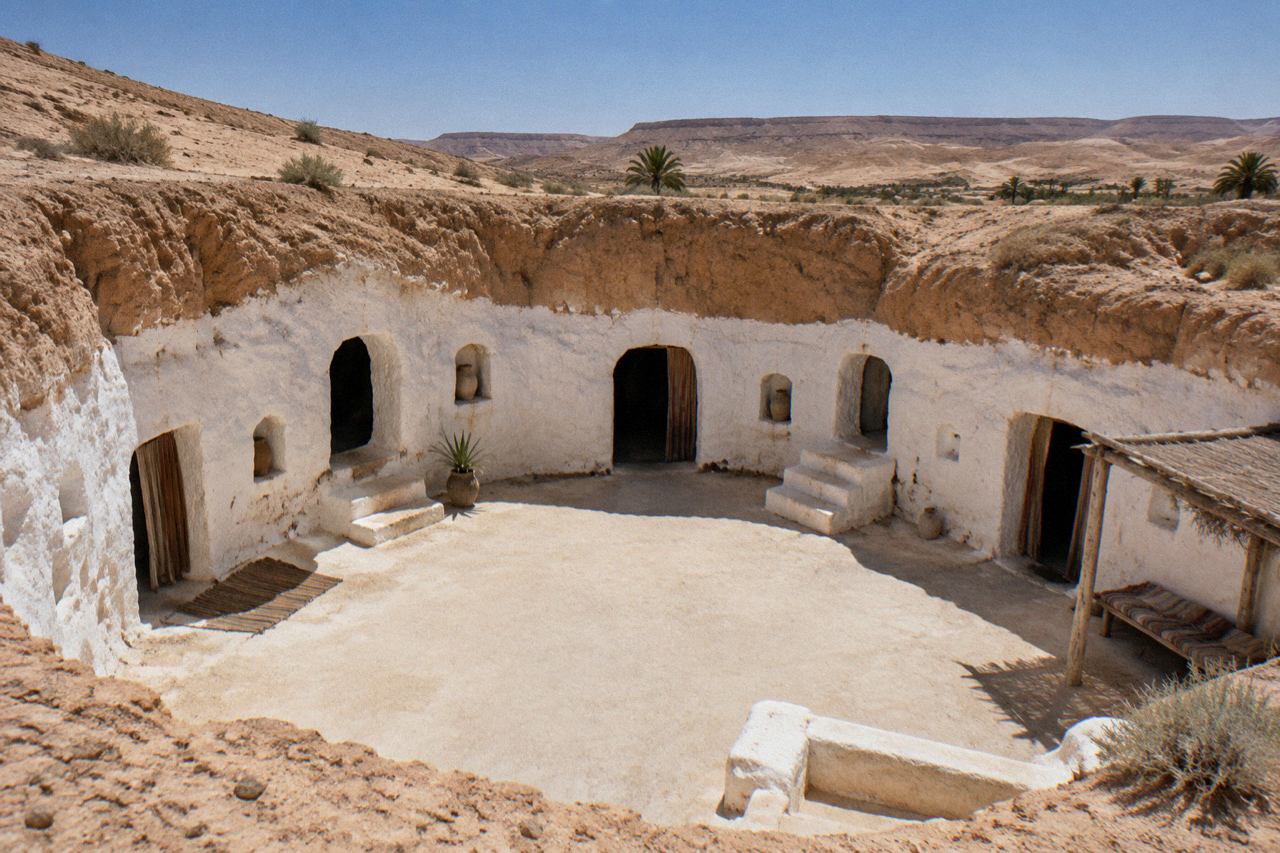 Sunken underground courtyard with whitewashed cave rooms carved into desert earth, Matmata, Tunisia