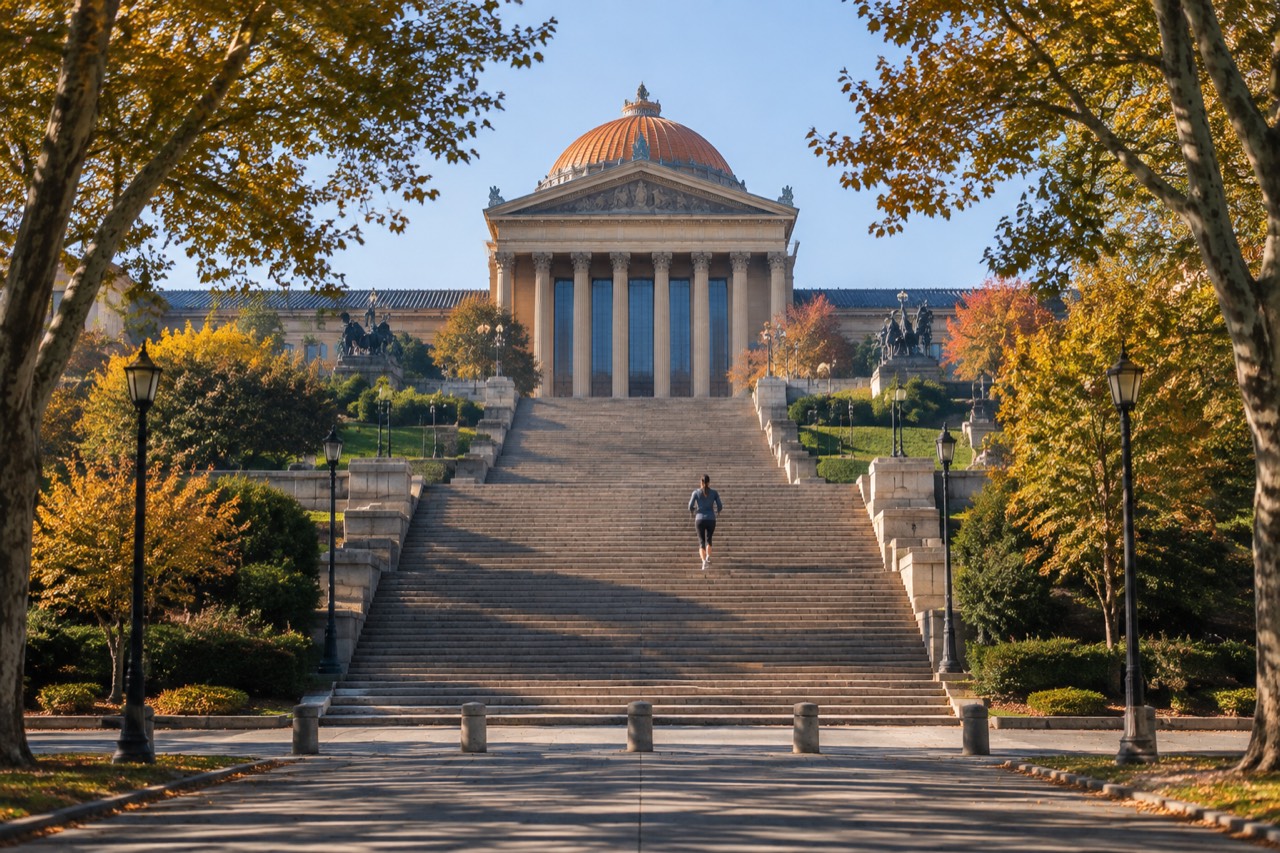 Stone steps rising to a columned museum, a jogger climbing under morning light.