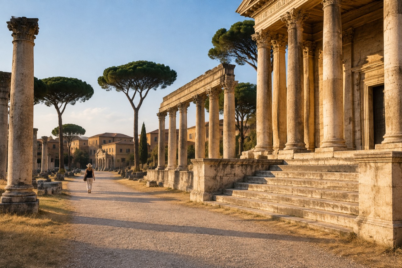 Sunlit ancient-style stone columns and temple steps on a studio backlot in Rome, visitor walking away