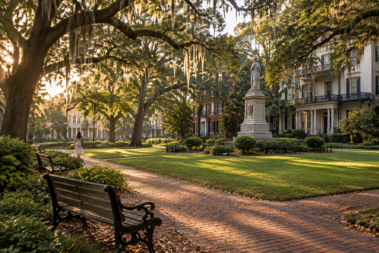 Spanish moss draped live oaks over a historic Savannah square with brick paths and mansions