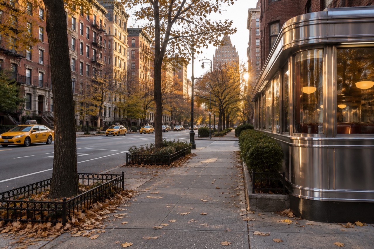 Corner diner with metal facade on a brownstone-lined Upper West Side street in autumn afternoon light