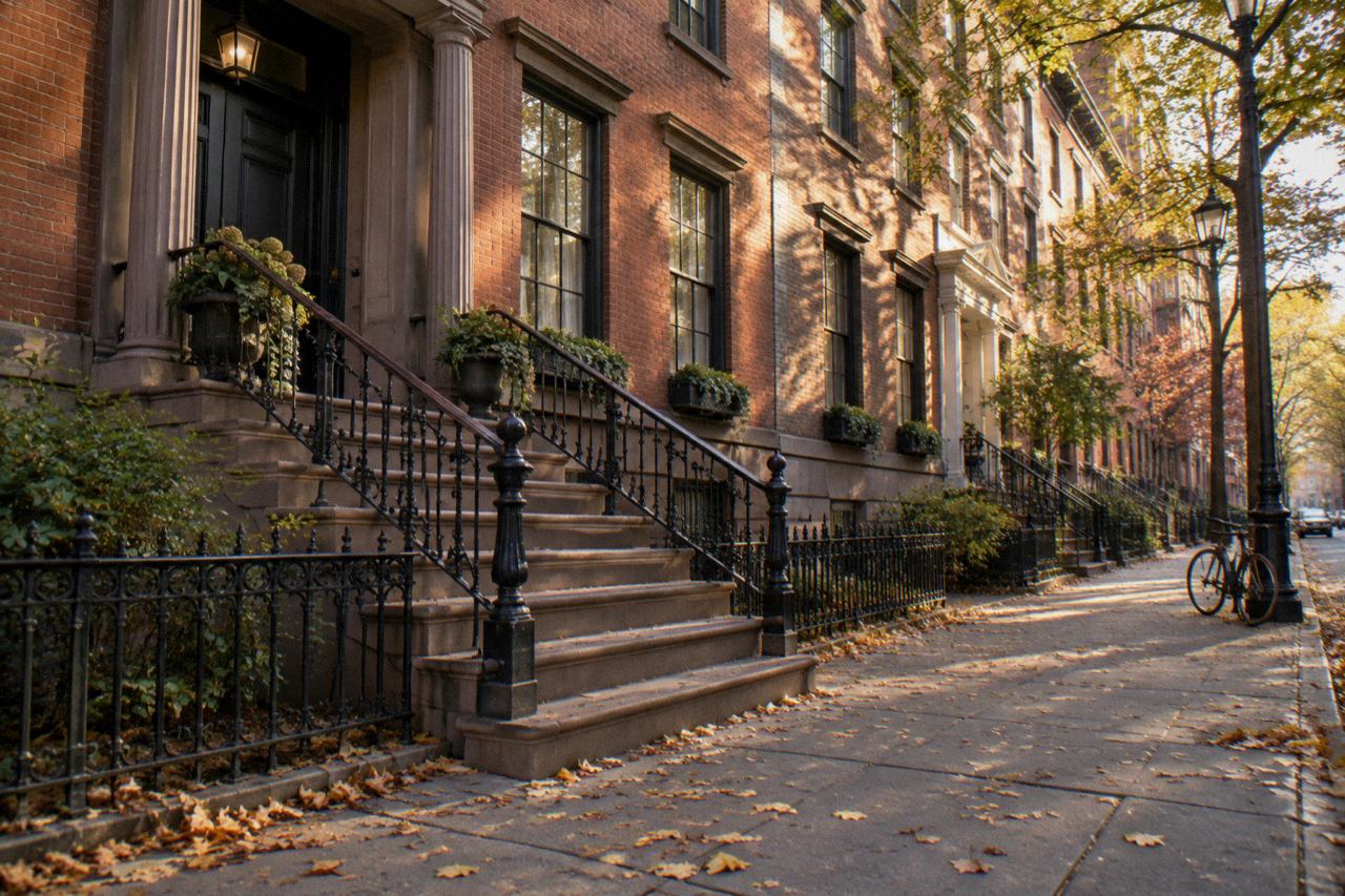 Sunlit brownstone stoop with iron railing on a leafy Greenwich Village street