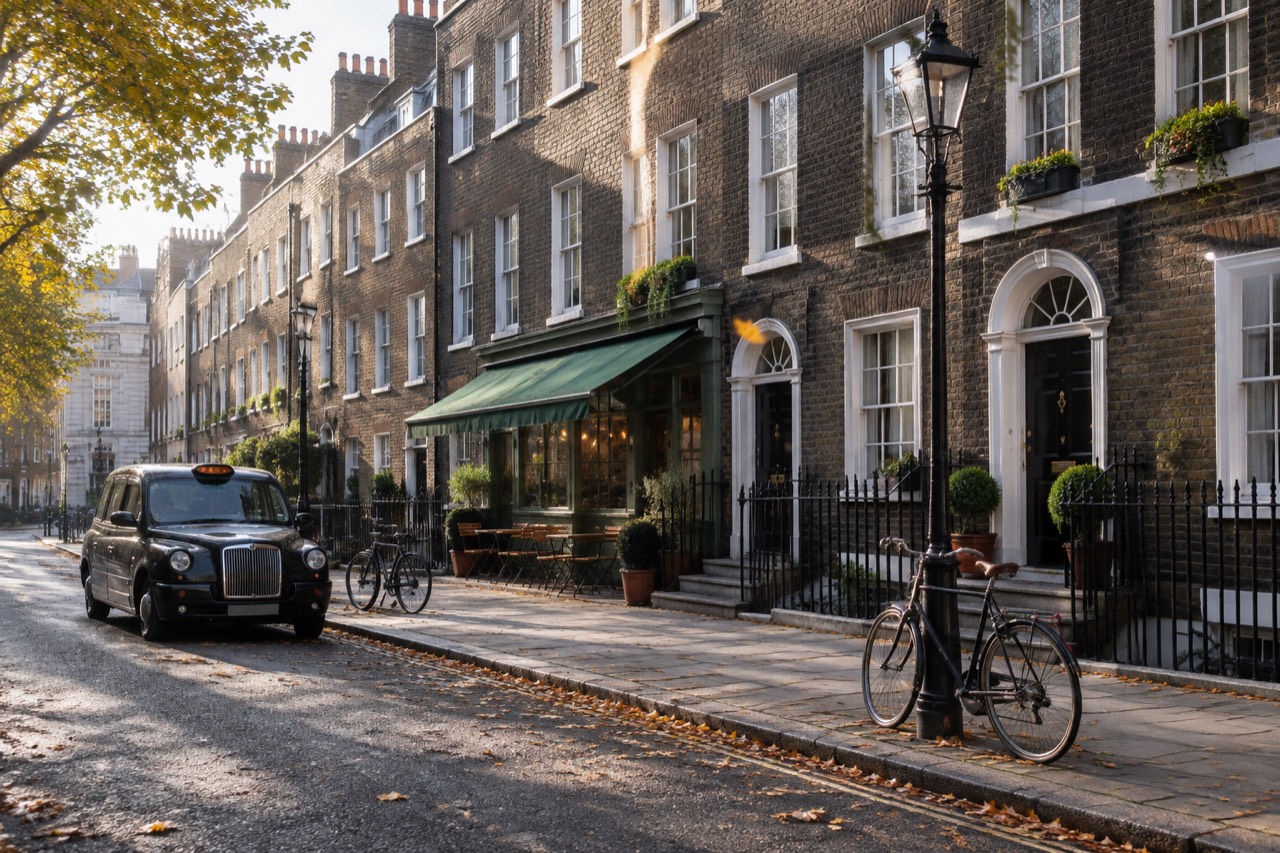 Victorian terraced London street with café awning, iron railings, parked bicycles and a black cab.