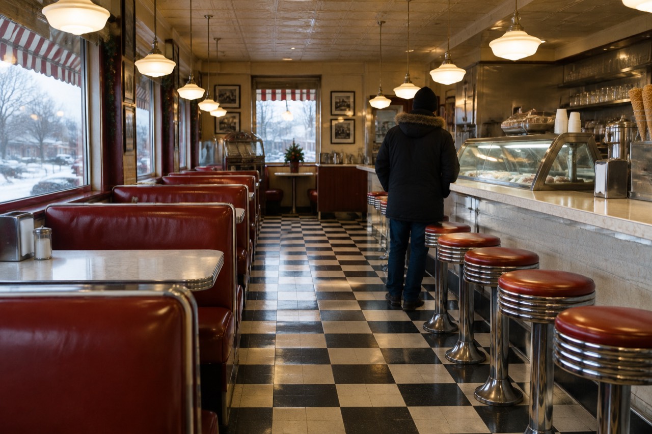 Vintage ice cream parlor interior with chrome booths, checkerboard floor, and warm lamplight