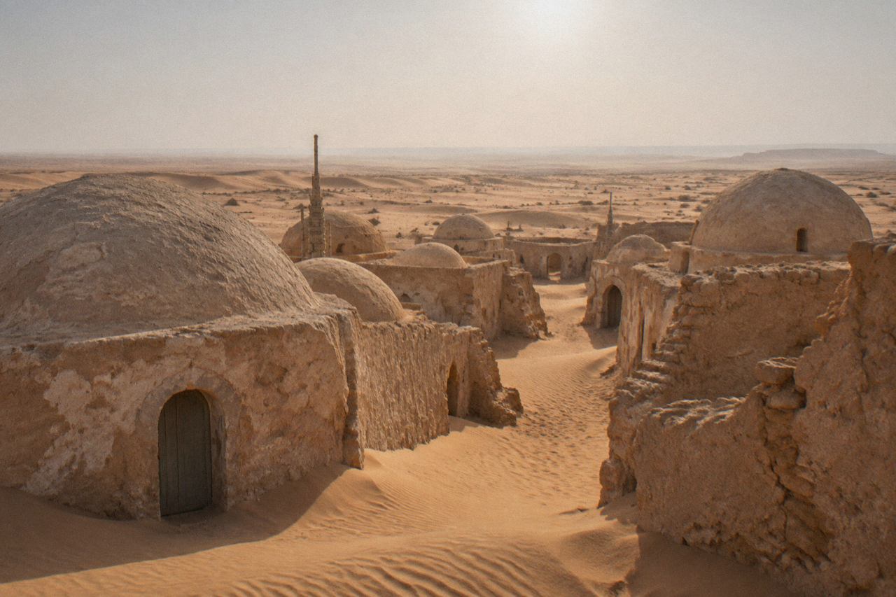 Sun-bleached adobe domes and sand-choked streets in a vast Saharan desert.