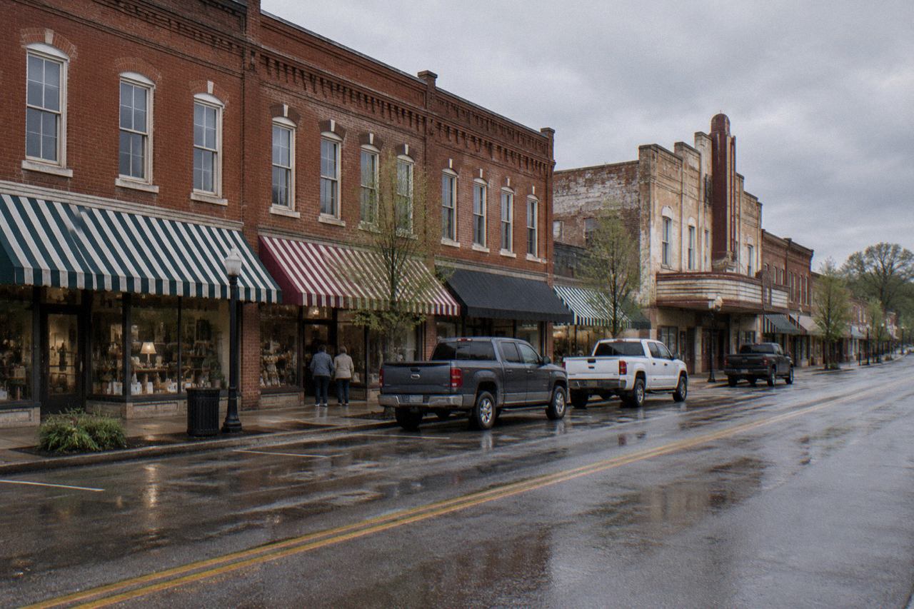 Quiet small-town main street with brick storefronts, awnings, and parked trucks under grey skies.