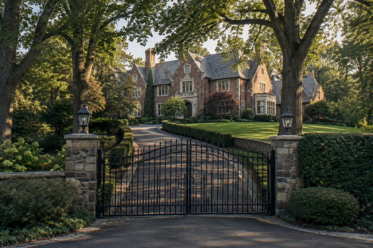 Gated brick Tudor mansion with long tree-lined driveway and hedges in leafy Staten Island neighborhood