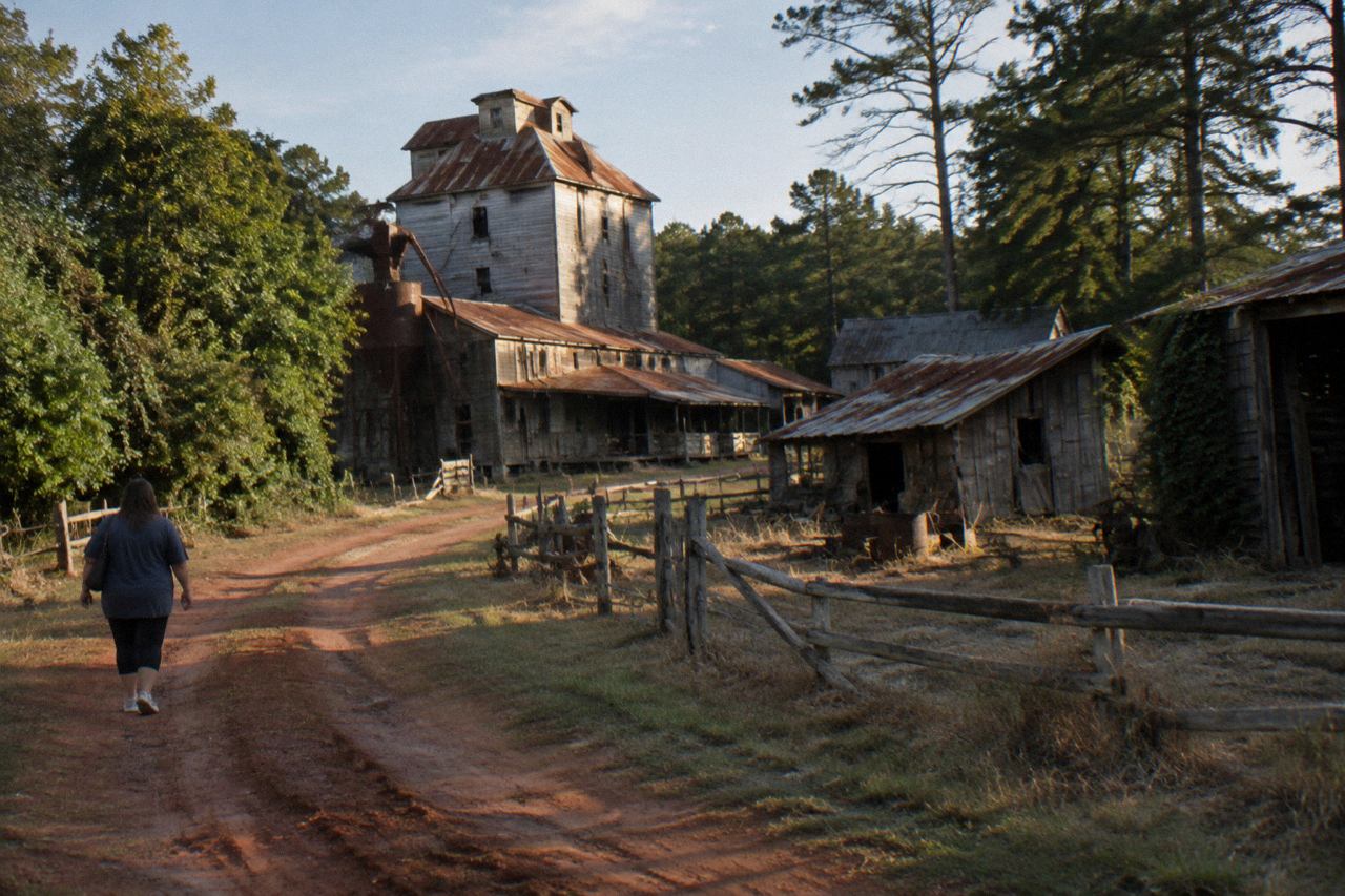 Weathered tin roofs of a rural Georgia feed mill above a red clay road.