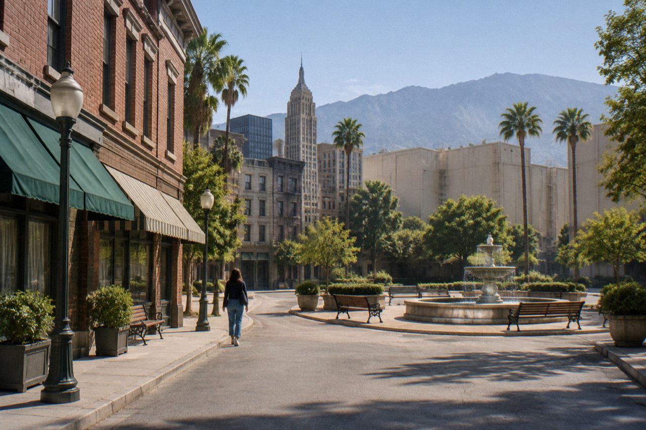 Studio backlot courtyard with stone fountain, brick street facades, palm trees and distant mountains