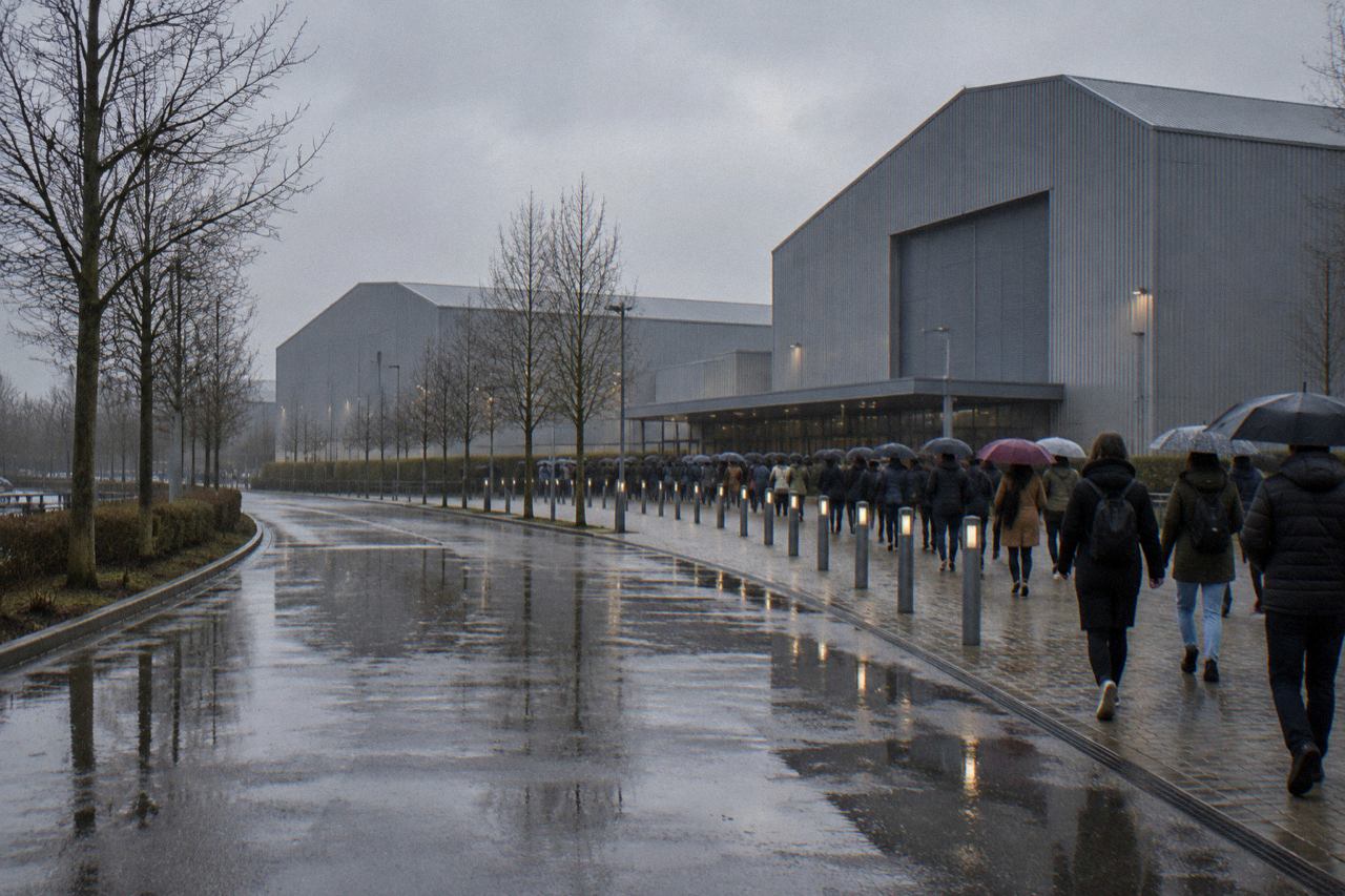 Grey winter drizzle over hangar-sized studio buildings and a visitor plaza near Watford.