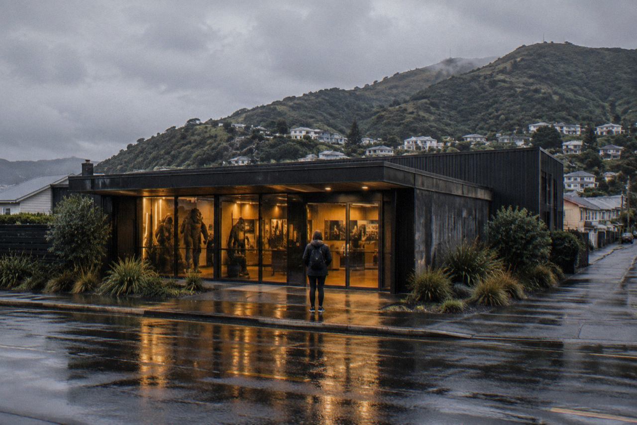Visitor approaching a modern studio building on a wet suburban Wellington street under grey skies.